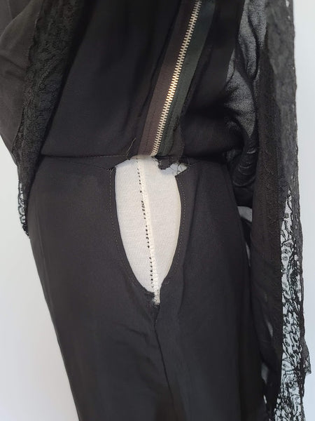 Black Peplum Rayon Dress with Lace Trim <br> (B-39" W-29.5" H-38")