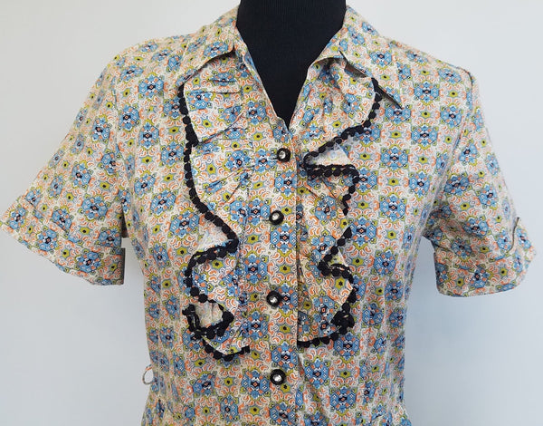 Abstract Print Dress with Ruffles and Rhinestones <br> (B-37 1/2" W-31" H-39 1/2")
