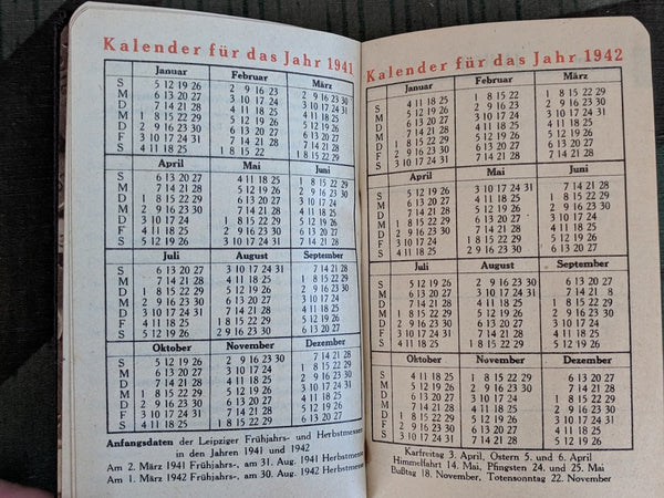 Sonne Brikett 1941 NSDAP Pocket Calendar (with Other Helpful Info)