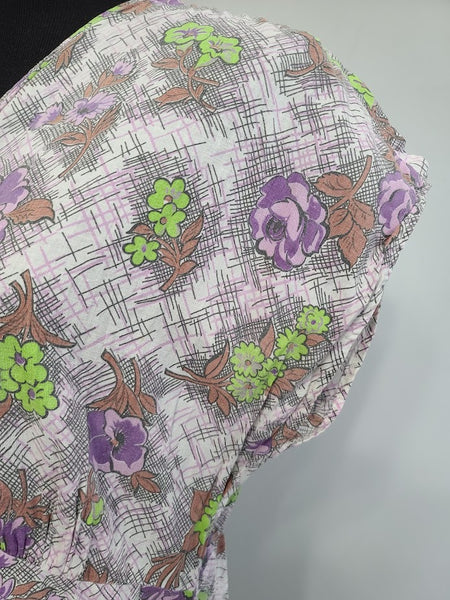 Purple and Green Flower Print Dress <br> (B-40" W-34" H-41")
