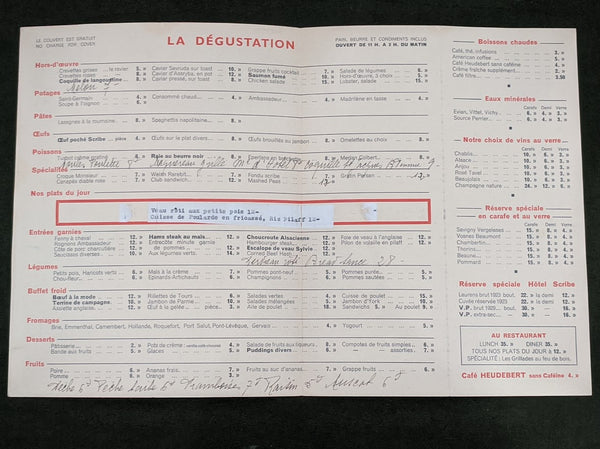 Hotel Scribe 1930s Paris France Menu