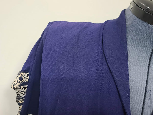 Dark Blue Rayon Dress with Abstract Print Trim <br> (B-42" W-35" H-42")