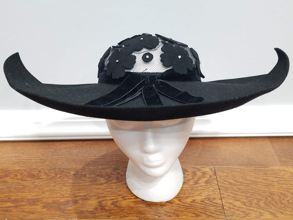 Black Wide Brim Hat with Mesh and Rhinestones