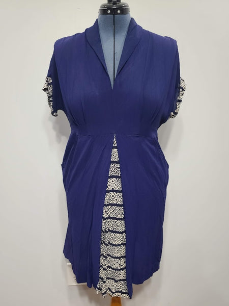 Dark Blue Rayon Dress with Abstract Print Trim <br> (B-42" W-35" H-42")