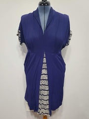 Dark Blue Rayon Dress with Abstract Print Trim <br> (B-42" W-35" H-42")