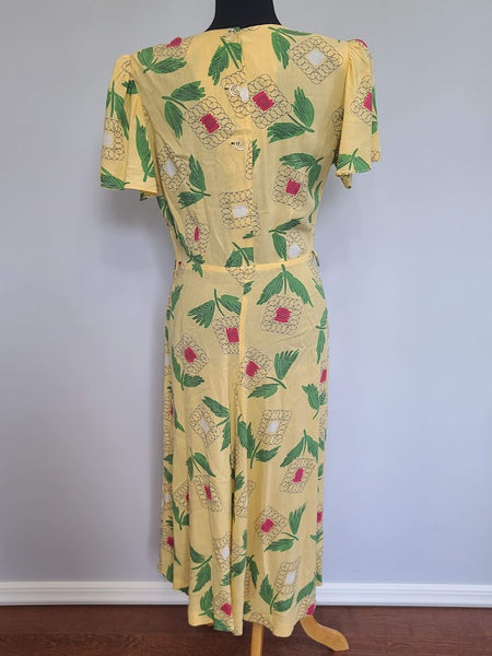 Yellow Abstract Flower Print Dress <br> (B-38" W-30" H-42")