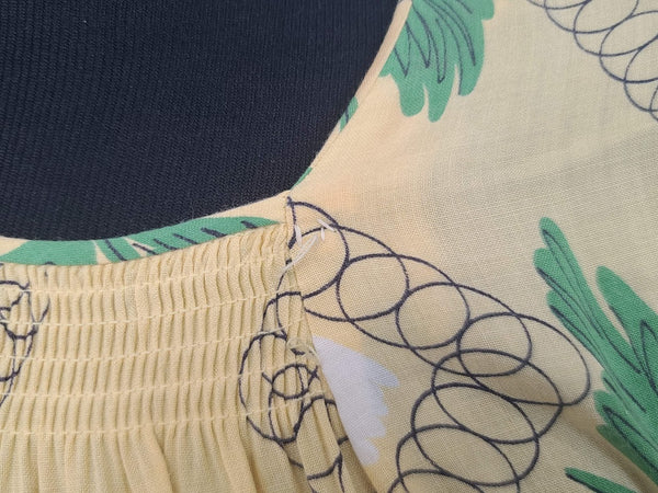 Yellow Abstract Flower Print Dress <br> (B-38" W-30" H-42")