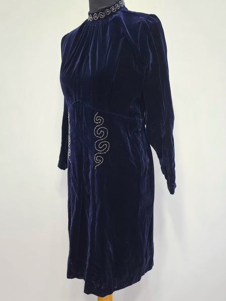 German Dark Blue Velvet Dress <br> (B-37" W-31" H-37.5")