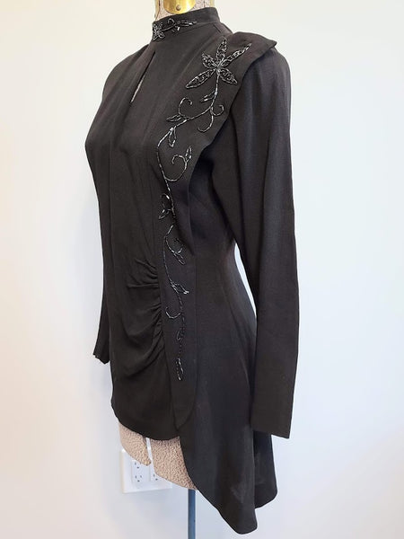 Black Rayon Beaded Skirt Suit Asymmetrical <br> (B-35" W-26" H-35")