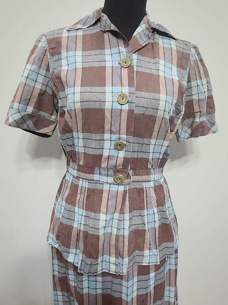 Blue and Tan Plaid Outfit (Blouse and Skirt Set) <br> (B-38" W-28" H-38")