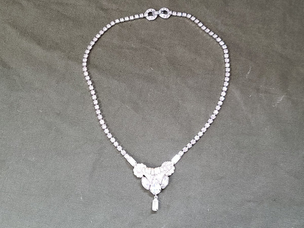 Vintage Rhinestone Flower Teardrop Necklace