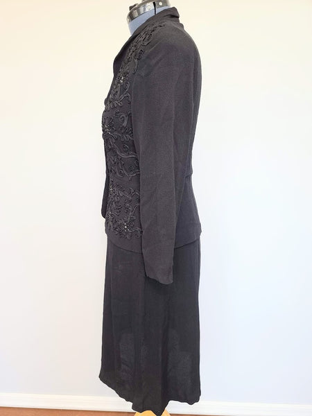 Black Rayon Skirt Suit with Soutache <br> (B-40" W-32" H-43")