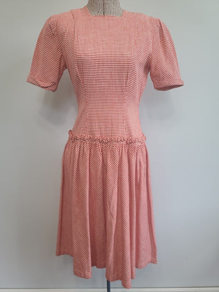 Vintage 1930s / 1940s German Red and White Gingham Dropwaist Dress