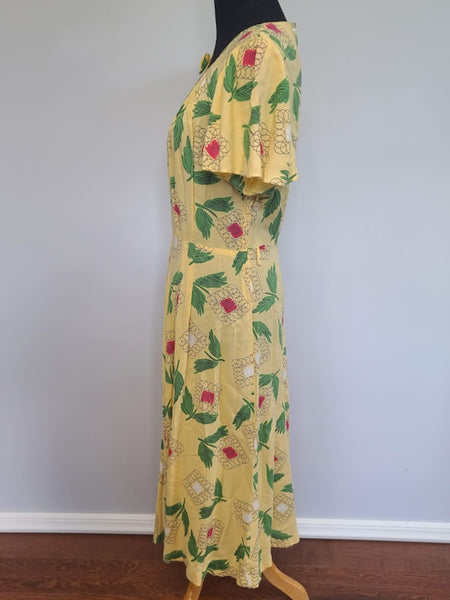 Yellow Abstract Flower Print Dress <br> (B-38" W-30" H-42")