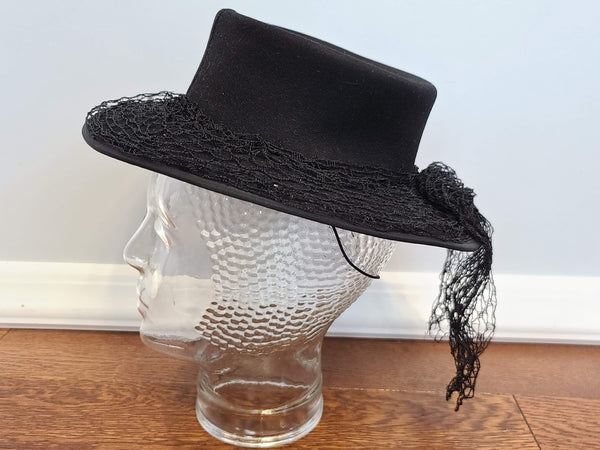 Black Wool Felt Tilt Hat with Netting