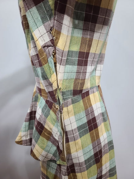 Brown, Yellow & Green Plaid Dress <br> (B-36" W-28" H-37")