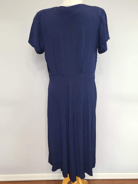 Navy Blue Rayon Dress with Lace Trim and Pleats <br> (B-41" W-33" H-45")