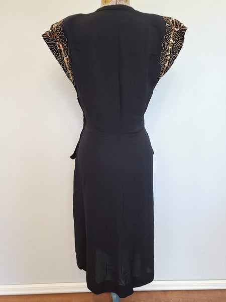 Black Rayon Peplum Dress with Gold Sequins and Soutache <br> (B-33" W-26" H-35")