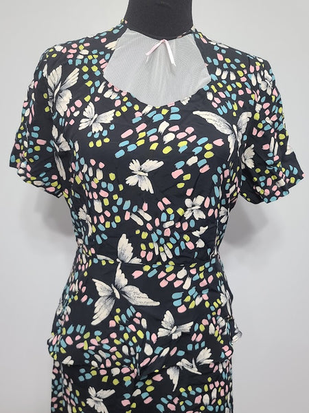 Butterfly Novelty Print Peplum Dress <br> (B-41" W-32" H-38")