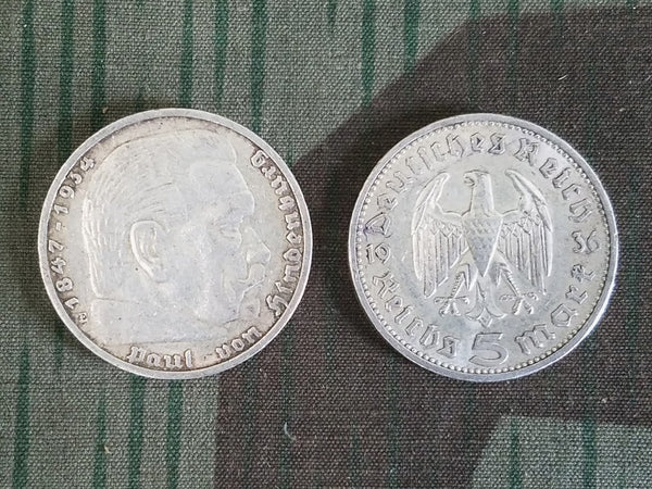 Original Pre-WWII German Silver 5 Reichsmark Coins (1935 & 1936 Dated)