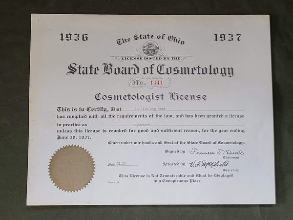 1936 1937 Cosmetologist License