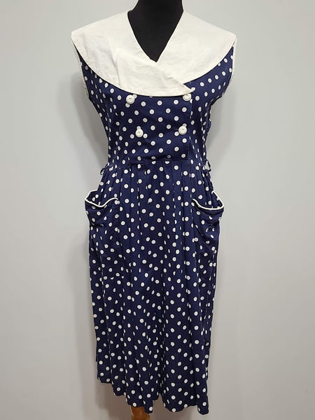 Blue Polka Dot Sleeveless Dress <br> (B-38" W-30" H-40")