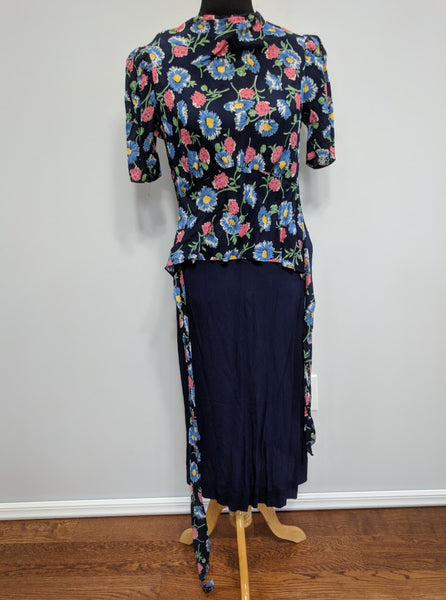 Blue Flower Print Dress w/ Matching Jacket <br> (B-39" W-30" H-33")