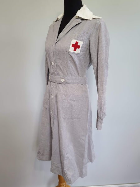 Red Cross Gray Lady Seersucker Uniform Dress <br> (B-38" W-31" H-36")