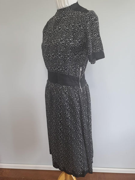 German Black Dress with White Swirl Designs <br> (B-40" W-29.5" H-41")