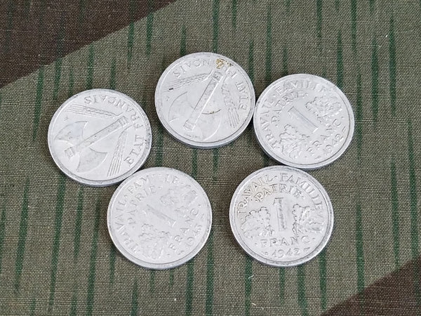 Set of 5 WWII French Franc Coins
