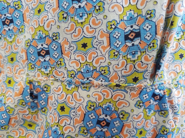 Abstract Print Dress with Ruffles and Rhinestones <br> (B-37 1/2" W-31" H-39 1/2")