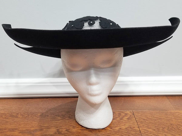 Black Wide Brim Hat with Mesh and Rhinestones
