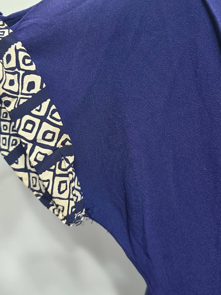 Dark Blue Rayon Dress with Abstract Print Trim <br> (B-42" W-35" H-42")