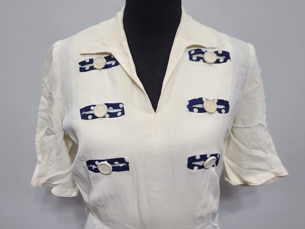 White Dress with Blue Accents <br> (B-39" W-28" H-38")