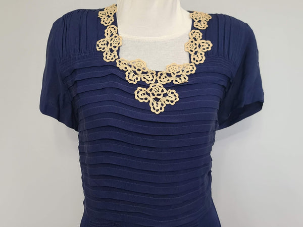 Navy Blue Rayon Dress with Lace Trim and Pleats <br> (B-41" W-33" H-45")