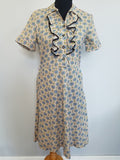 Vintage 1940s Abstract Print Dress with Ruffles and Rhinestones