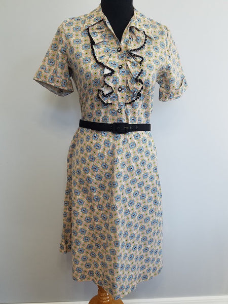 Vintage 1940s Abstract Print Dress with Ruffles and Rhinestones