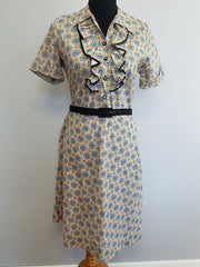 Vintage 1940s Abstract Print Dress with Ruffles and Rhinestones