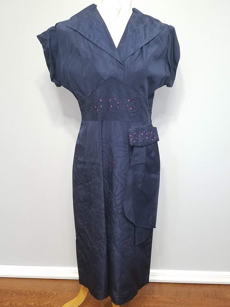 Vintage 1940s Dark Blue Dress with Pink Accents 