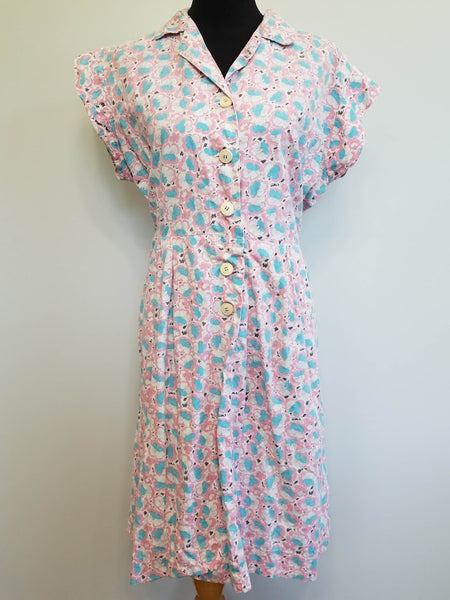 Vintage 1940s Pink Blue White Flower Print Dress Plus Size