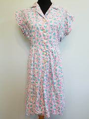 Vintage 1940s Pink Blue White Flower Print Dress Plus Size