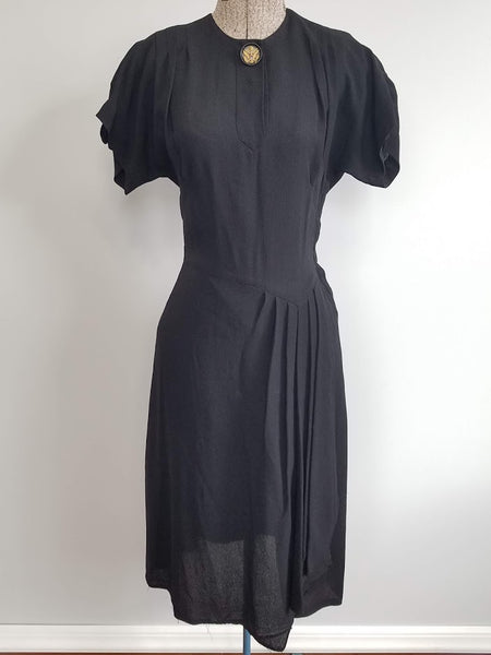 Vintage 1940s WWII Black Rayon Dress with Army Eagle Sweetheart Button