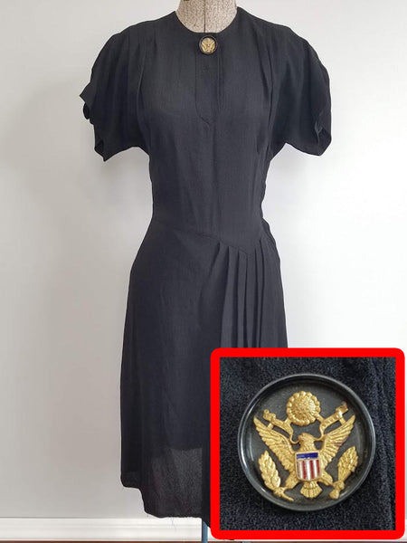 Black Rayon Dress with Army Eagle Button <br> (B-33" W-24" H-33")