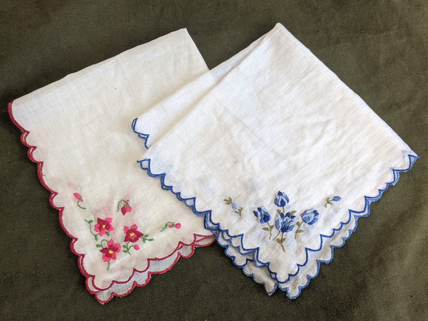 Vintage Set of Two Flower Embroidery Hankies