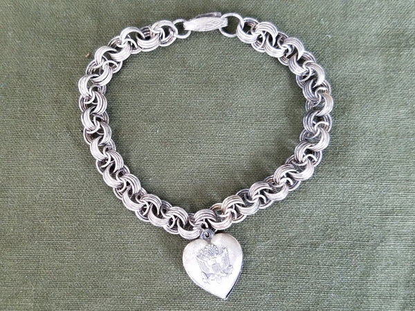 Vintage WWII 1940s US Army Sweetheart Bracelet Sterling Heart Charm