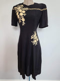 Vintage 1930s 1940s Black Dress w Flower Embroidery Buttons in Back 