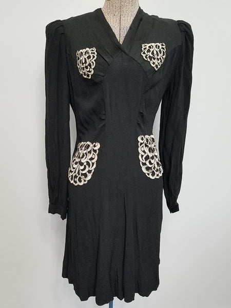 German Black Dress with White Appliqu (B-36" W-31" H-36") German Black Dress with White Appliqu (B-36" W-31" H-36")
