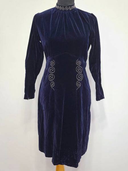German Dark Blue Velvet Dress <br> (B-37" W-31" H-37.5")