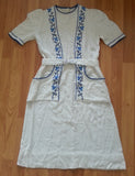 Vintage 1930s/1940s German White Dress Blue Needlework Peplum Pockets