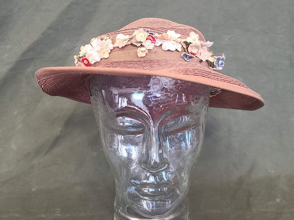 Vintage 1930s / 1940s Light Brown Straw Hat with Flowers